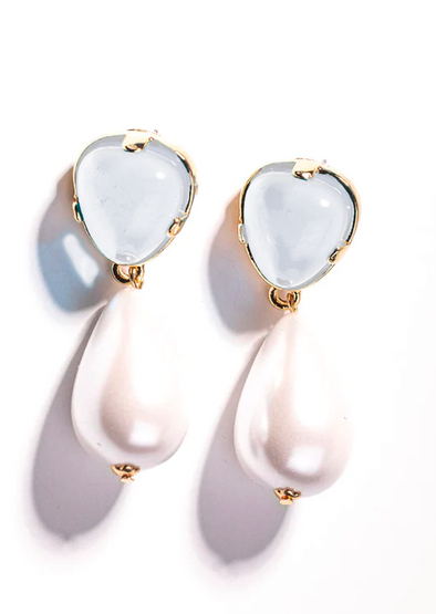 KJL 2" gold/clear top w/ pearl drop pierced earring gold/clear/pearl