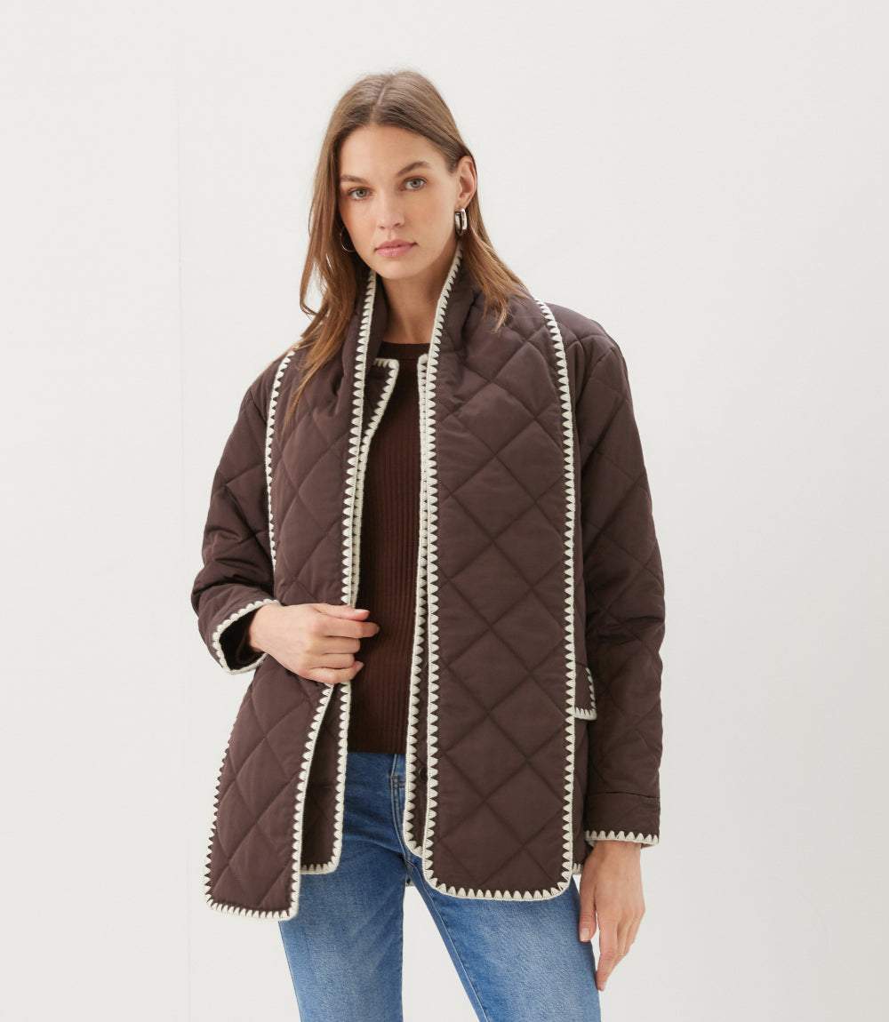 Karen Kane Edge Stitch Quilted Scarf Jacket - Chocolate with Cream