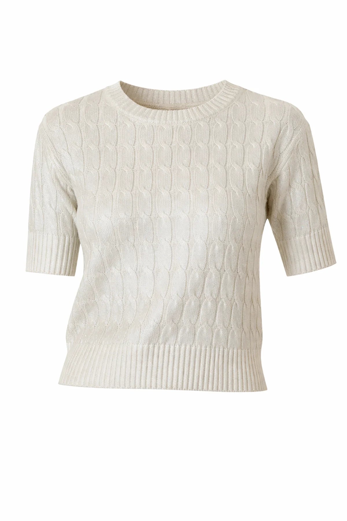 J. Society Metallic Cableknit Short Sleeve Crew - Sugar Cookie