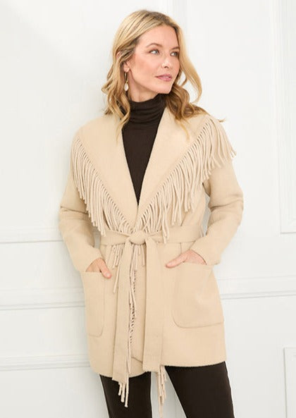 Karen Kane Belted Fringe Jacket - Sand