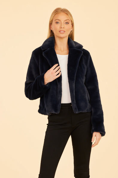 Dolce Cabo Plush Faux Fur Notch Collar Jacket - Navy