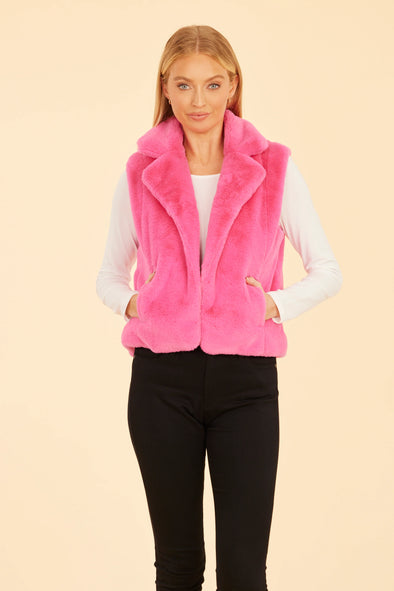 Dolce Cabo Plush Faux Fur Notch Collar Vest - Pink
