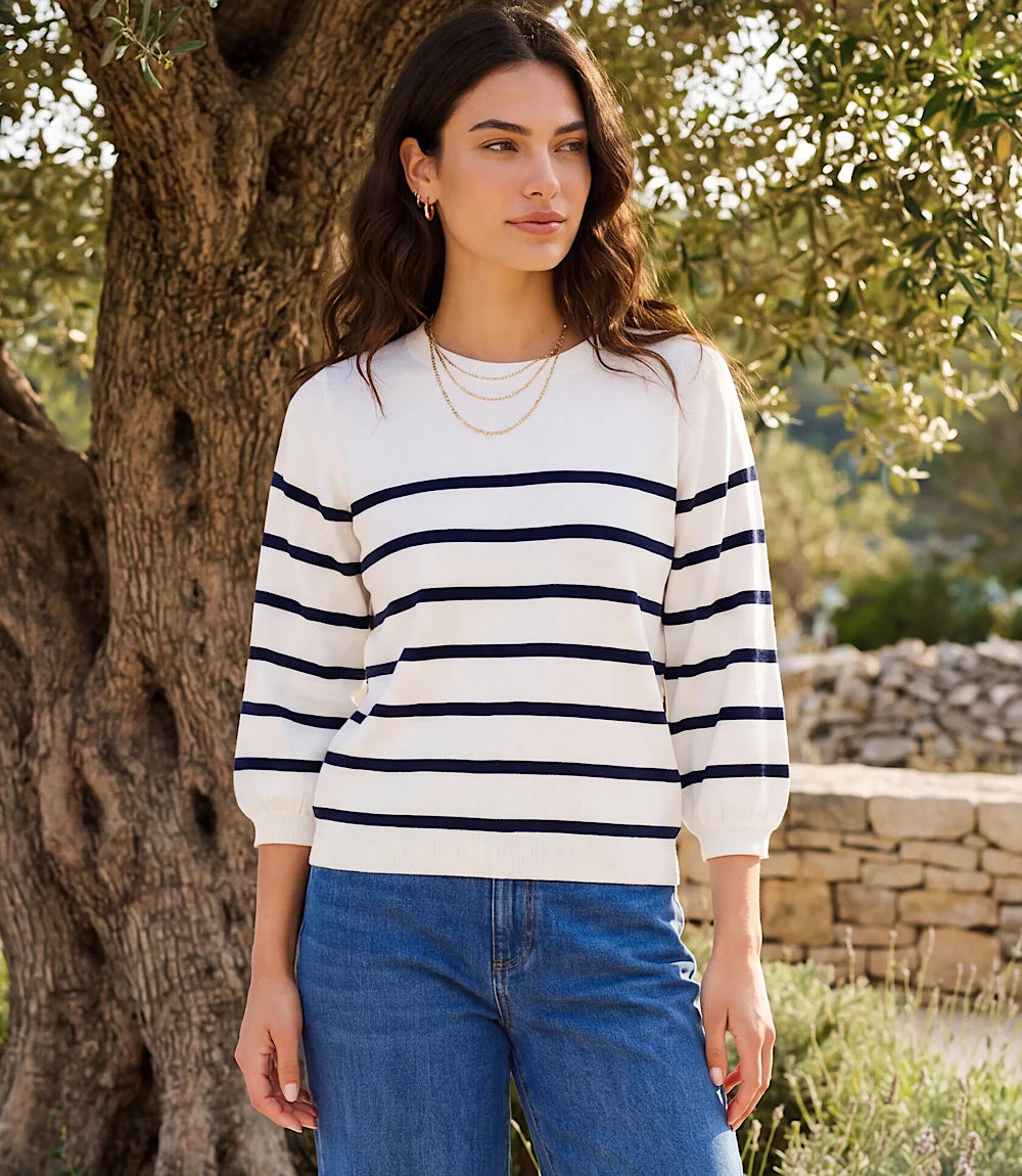 Karen Kane Raglan Puff Sleeve Sweater - White/Navy