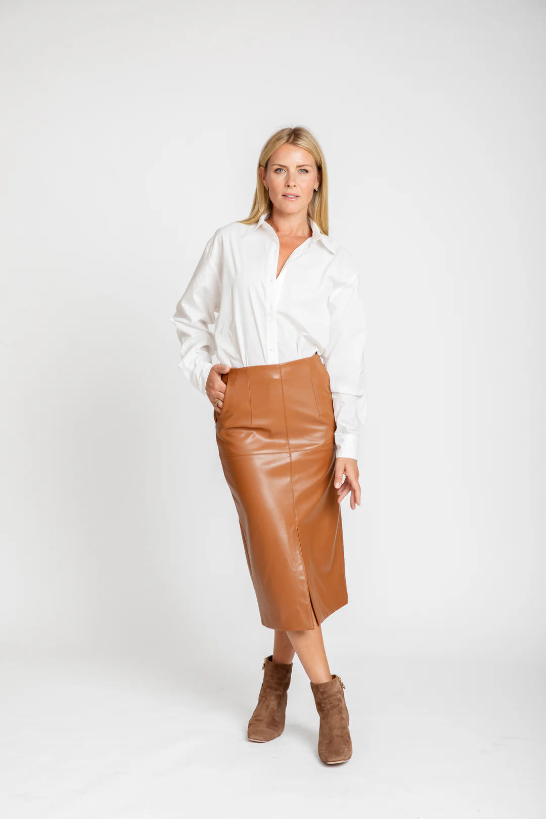 Burgess Leather Pencil Midi Skirt - Carmel – CK Bradley