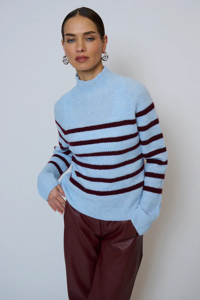 Central Park West Marley Striped Funnel Neck - Blue/Burgundy