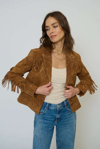 Central Park West Atlas Genuine Suede Fringe Blazer - Camel