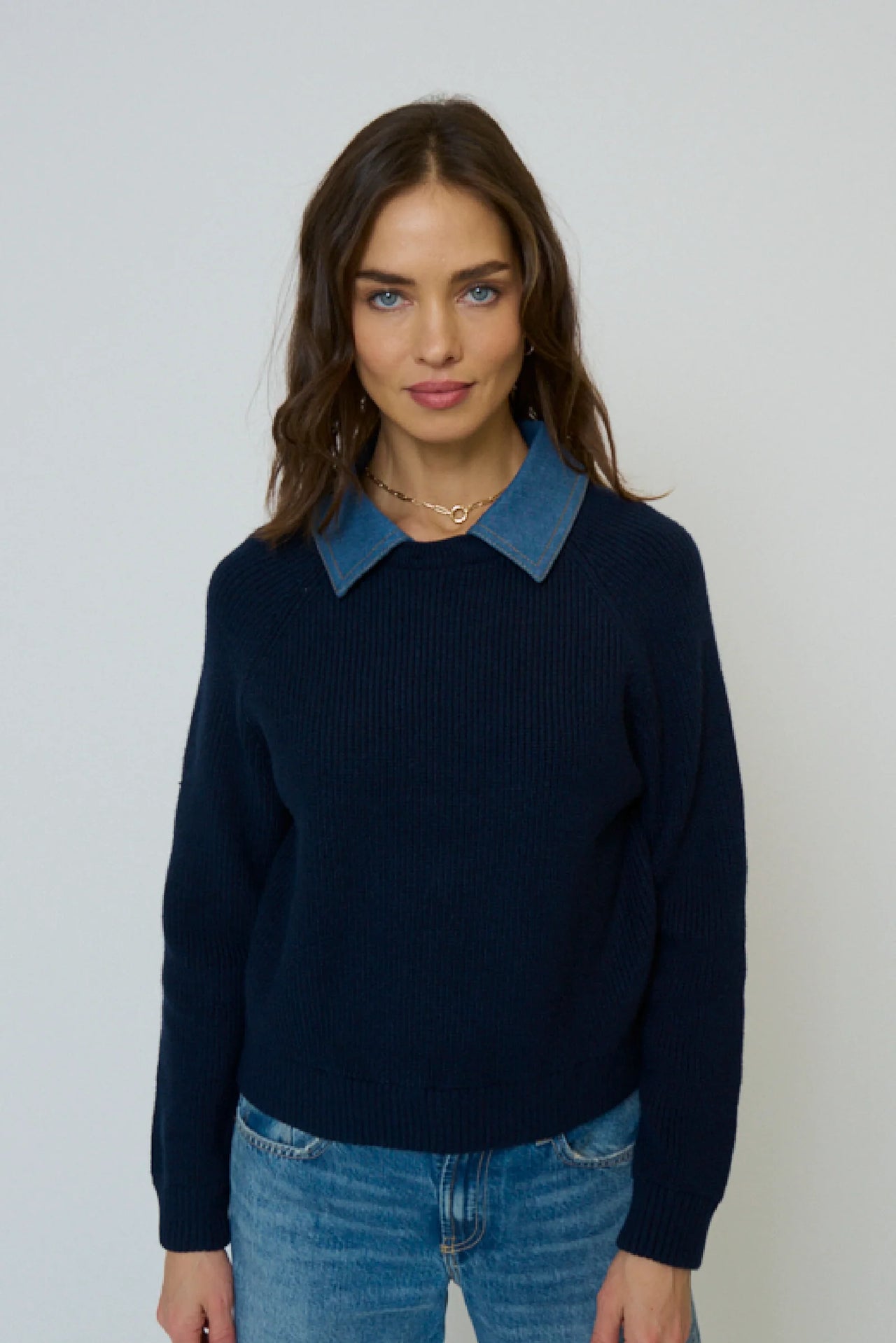 Central Park West Dash Denim Collar Pullover - Navy