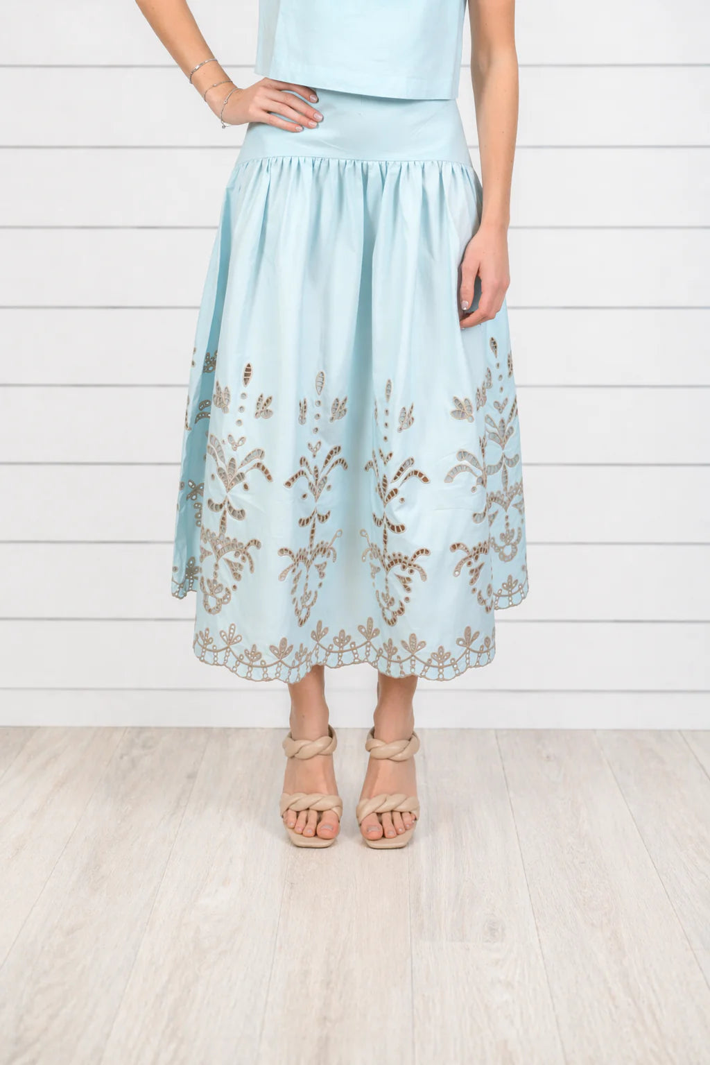 Burgess Lauren Lasercut Linen Midi Skirt - Sky