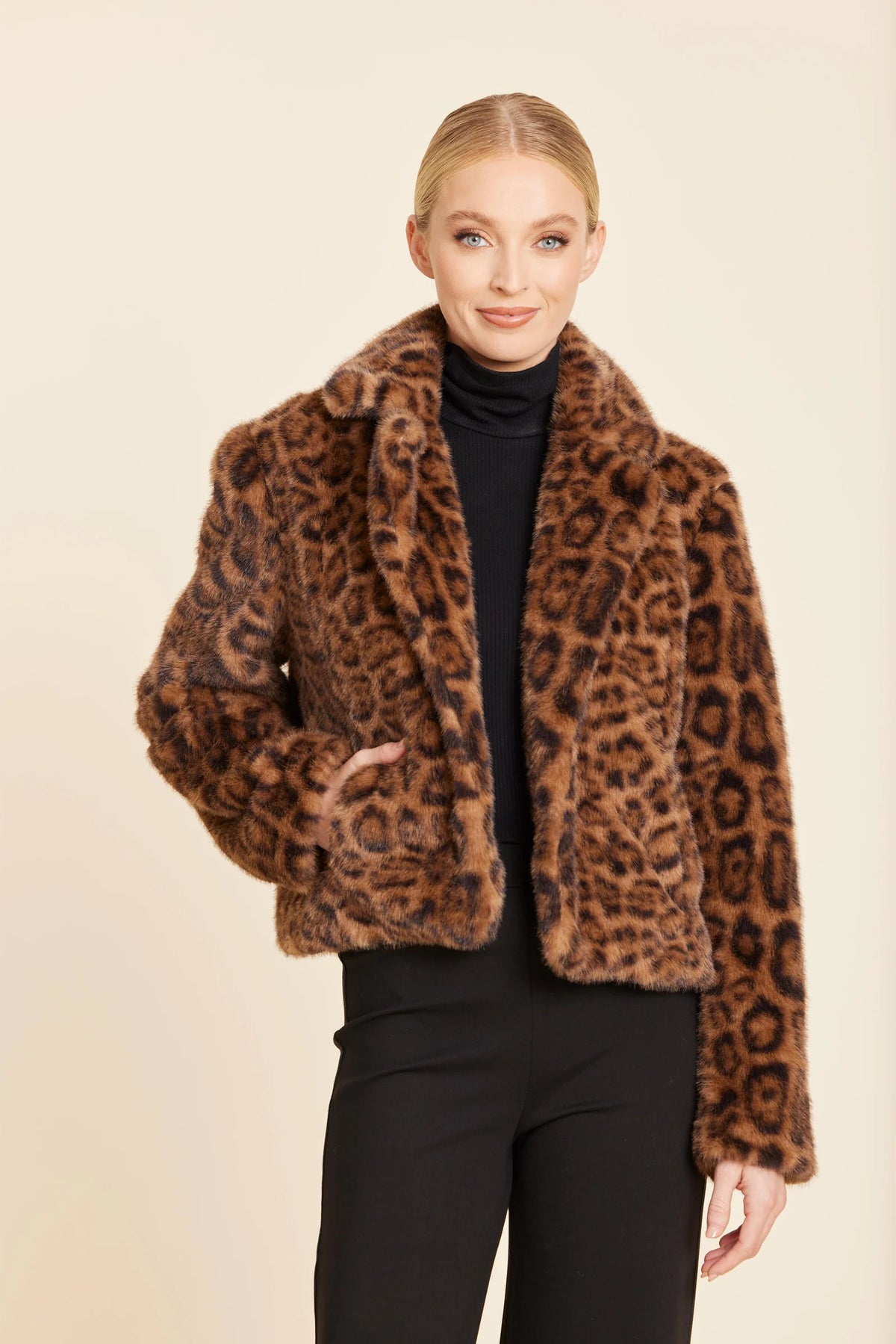 Dolce Cabo Plush Faux Fur Notch Collar Jacket - Leopard
