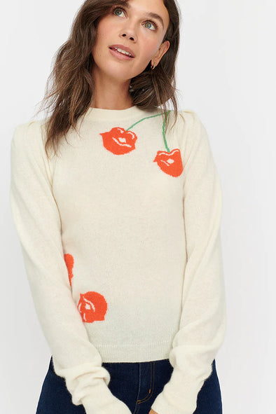 & Isla Cashmere Intarsia Crew Sweater - Cherry Lip