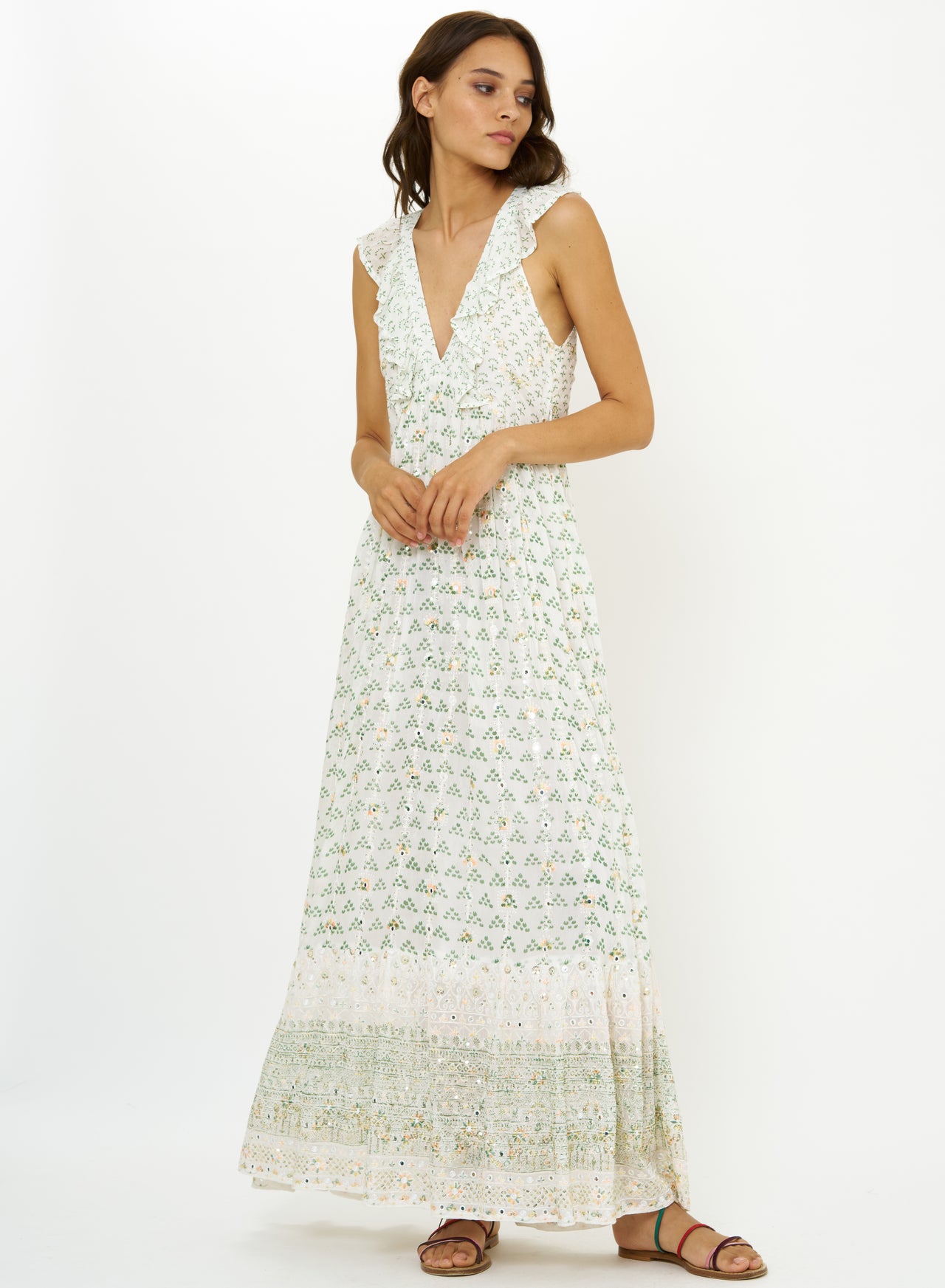 Oliphant Ruffle Vneck Maxi - Juniper Olive