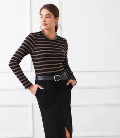 Karen Kane Striped Long Sleeve Crew Neck Top - Black w/Brown