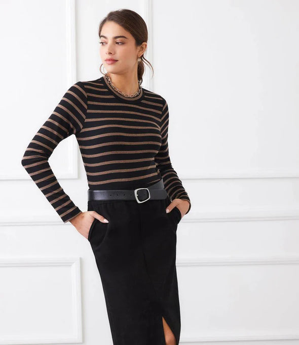 Karen Kane Striped Long Sleeve Crew Neck Top - Black w/Brown