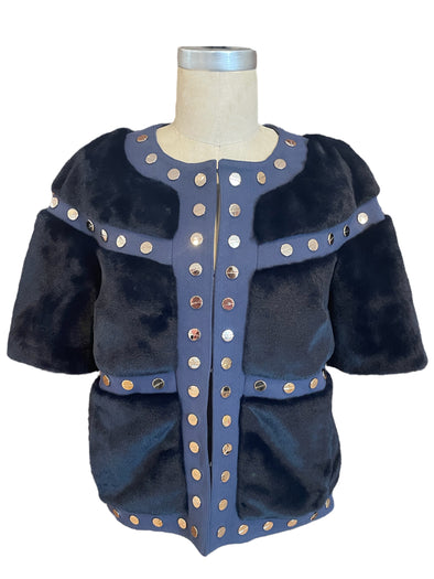 Glamourpuss Faux Mink Jacket With Gold Circle Studs - Navy