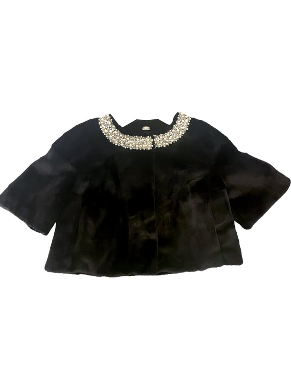 Glamourpuss Faux Mink Jacket with Pearls - Black