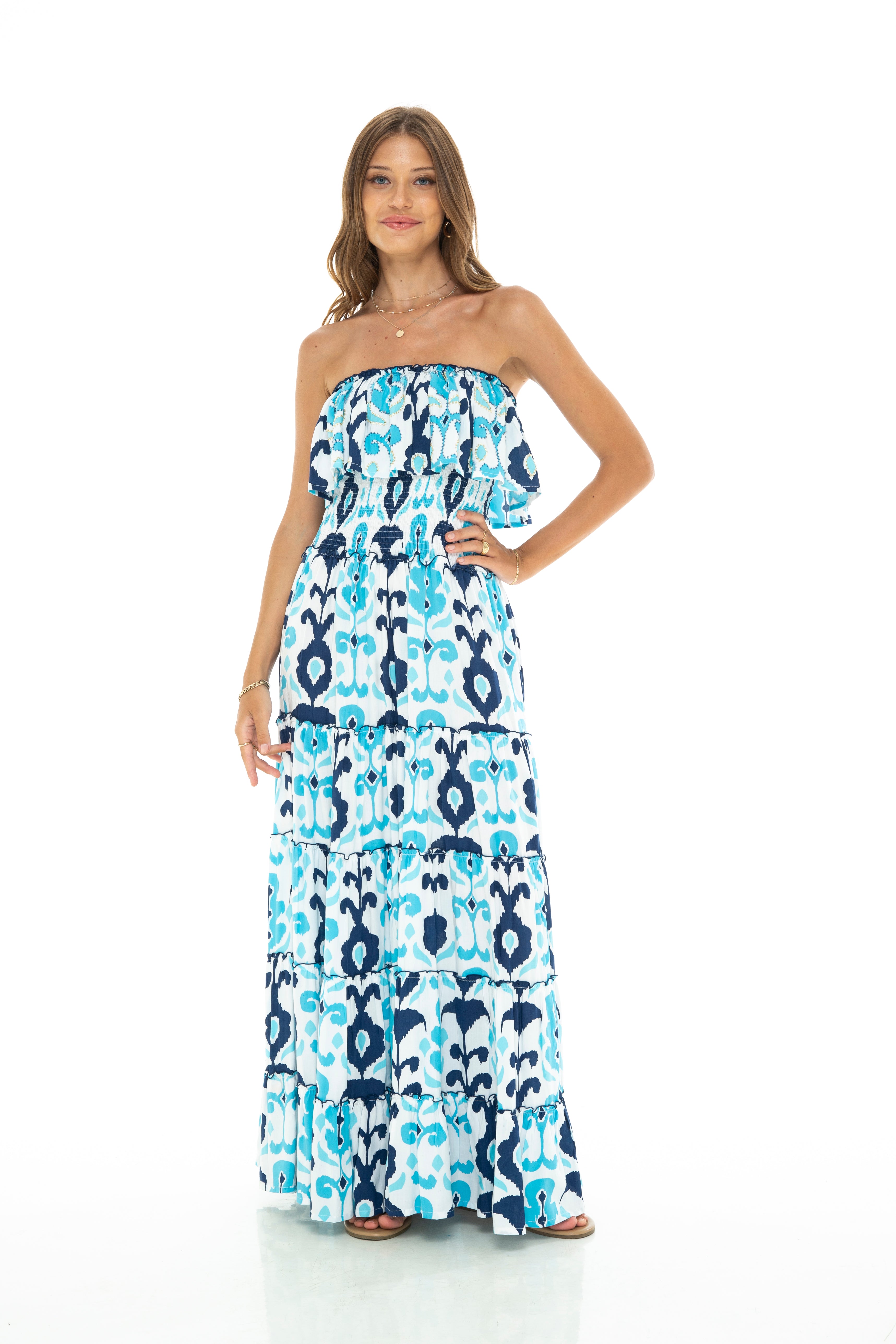 m*様 Paddington Long Dress Smocked Waist Ruffle Collared Tiered Maxi Dress – Maggy London