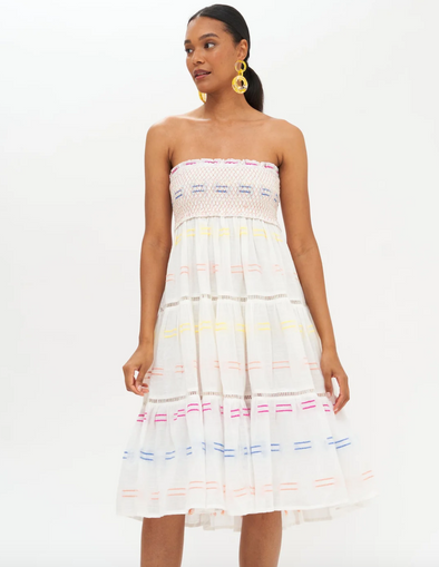 Oliphant Smocked Skirt Dress Midi- Santiago White