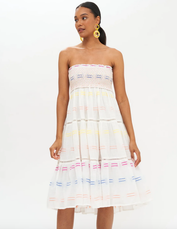 Oliphant Smocked Skirt Dress Midi- Santiago White