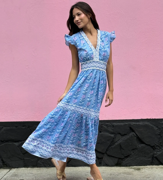 CELINE★WHITE RED AND BLUE VISCOSE BLEND DRESS NicoBlu® Celine Maxi Crinkle Chiffon Dress in Magical Garden