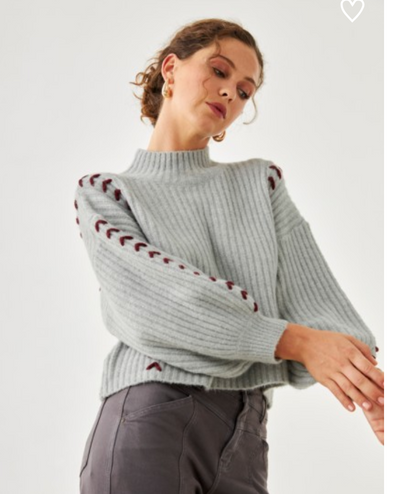 NUD Balloon Sleeve Sweater Gray and Red Contrast