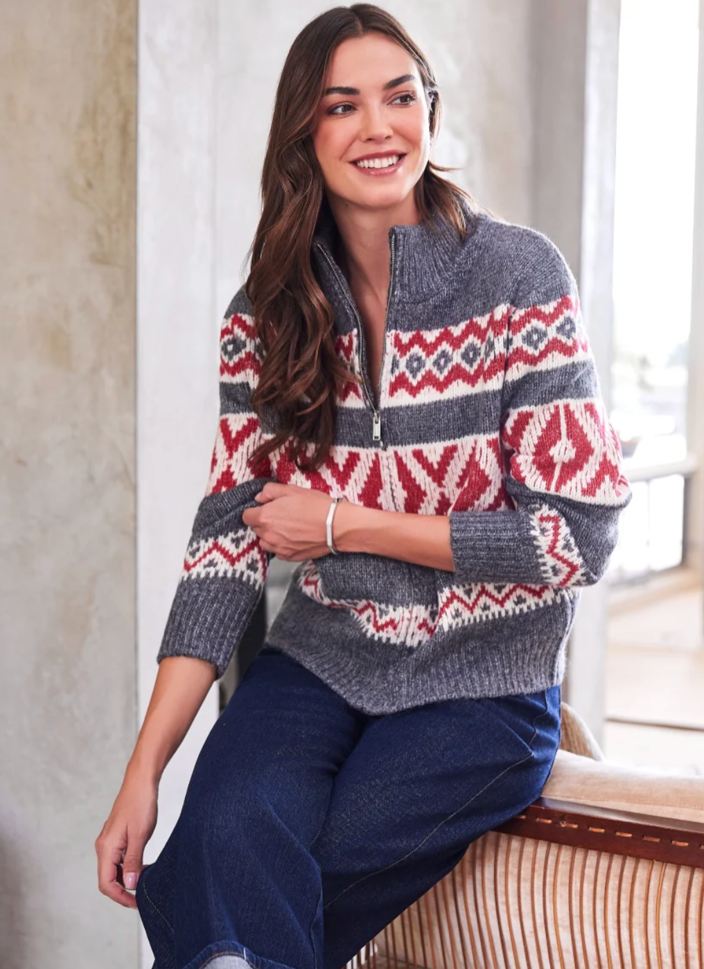Karen Kane Mockneck Jacquard Zip Sweater