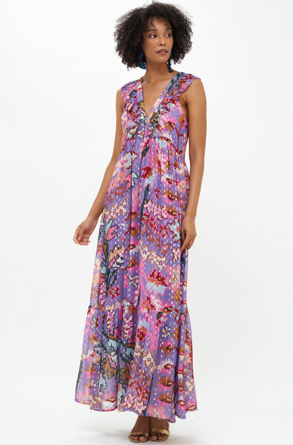 Oliphant Ruffle V-Neck Maxi - Lavender Bukhara