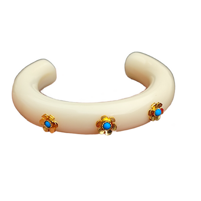 Bangle Bracelet - White w/Gold & Blue Flowers