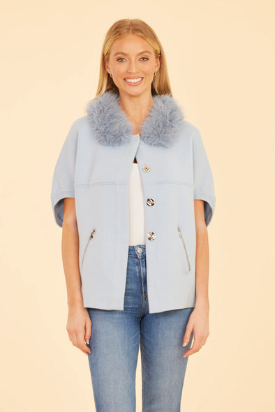 Dolce Cabo Faux Fur Collar Short Sleeve Cardigan - Baby Blue