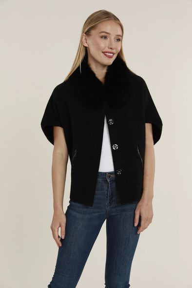 Dolce Cabo Faux Fur Collar Short Sleeve Cardigan - Black