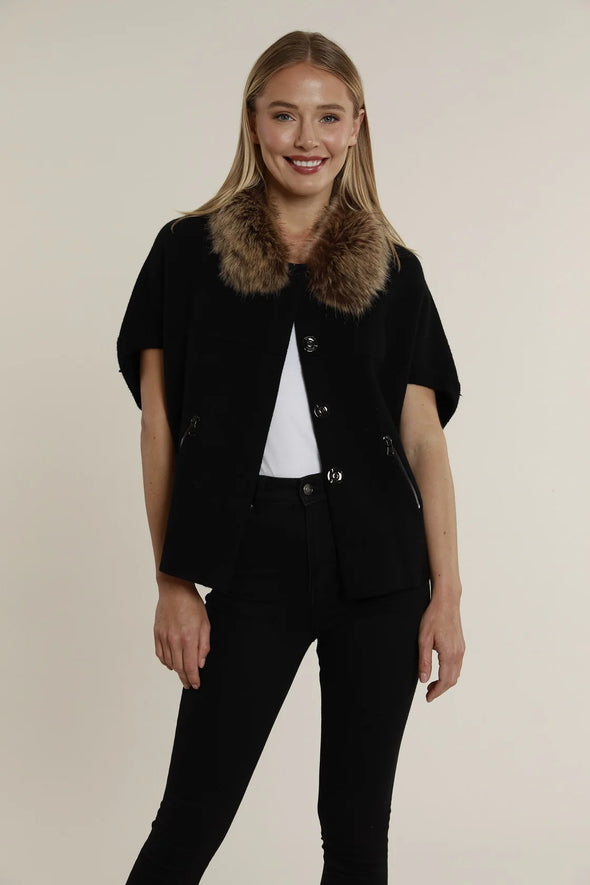 Dolce Cabo Faux Fur Collar Short Sleeve Cardigan - Black/Chestnut