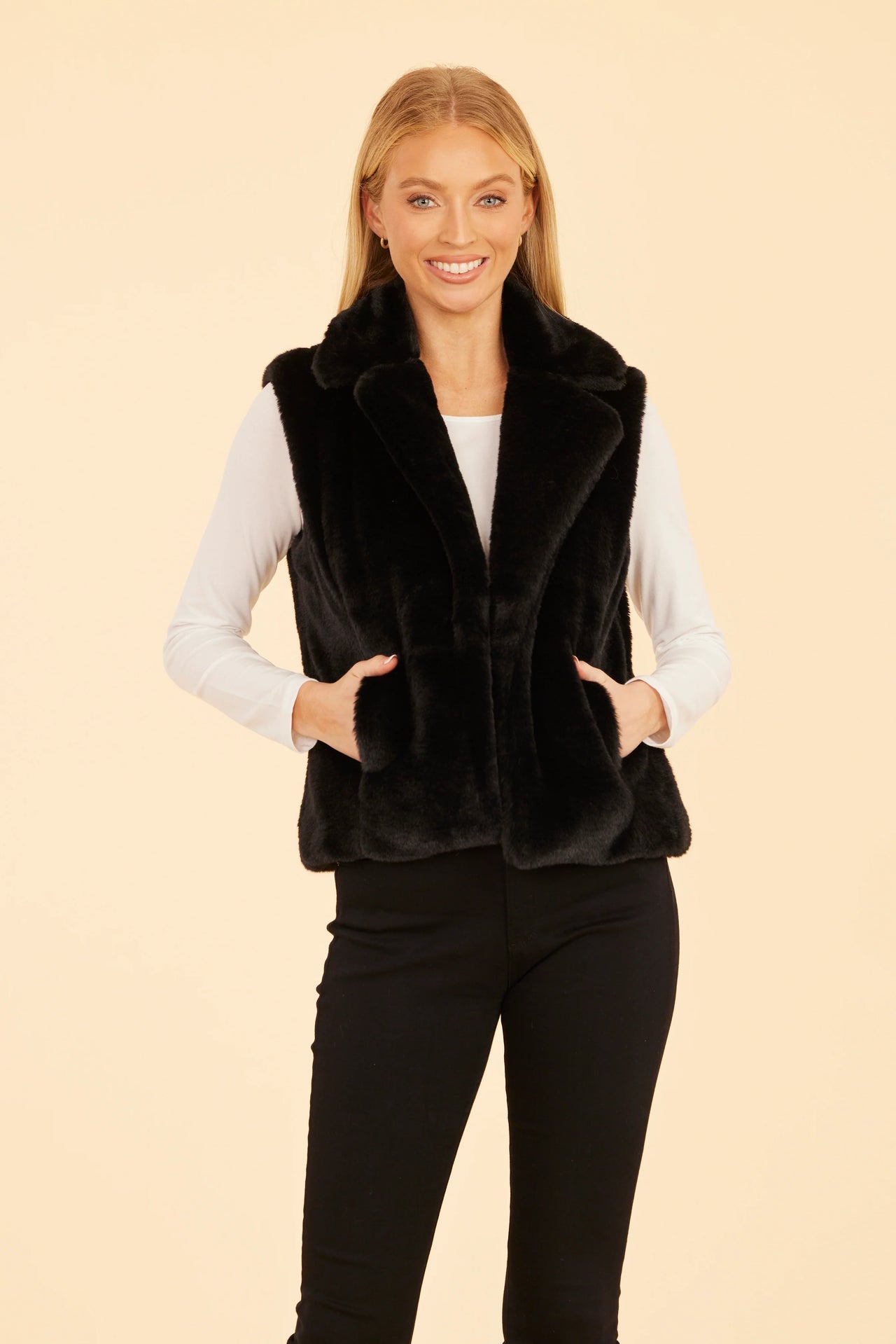 Dolce Cabo Plush Faux Fur Notch Collar Vest - Black