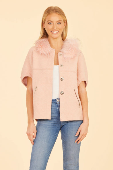 Dolce Cabo Faux Fur Collar Short Sleeve Cardigan - Blush