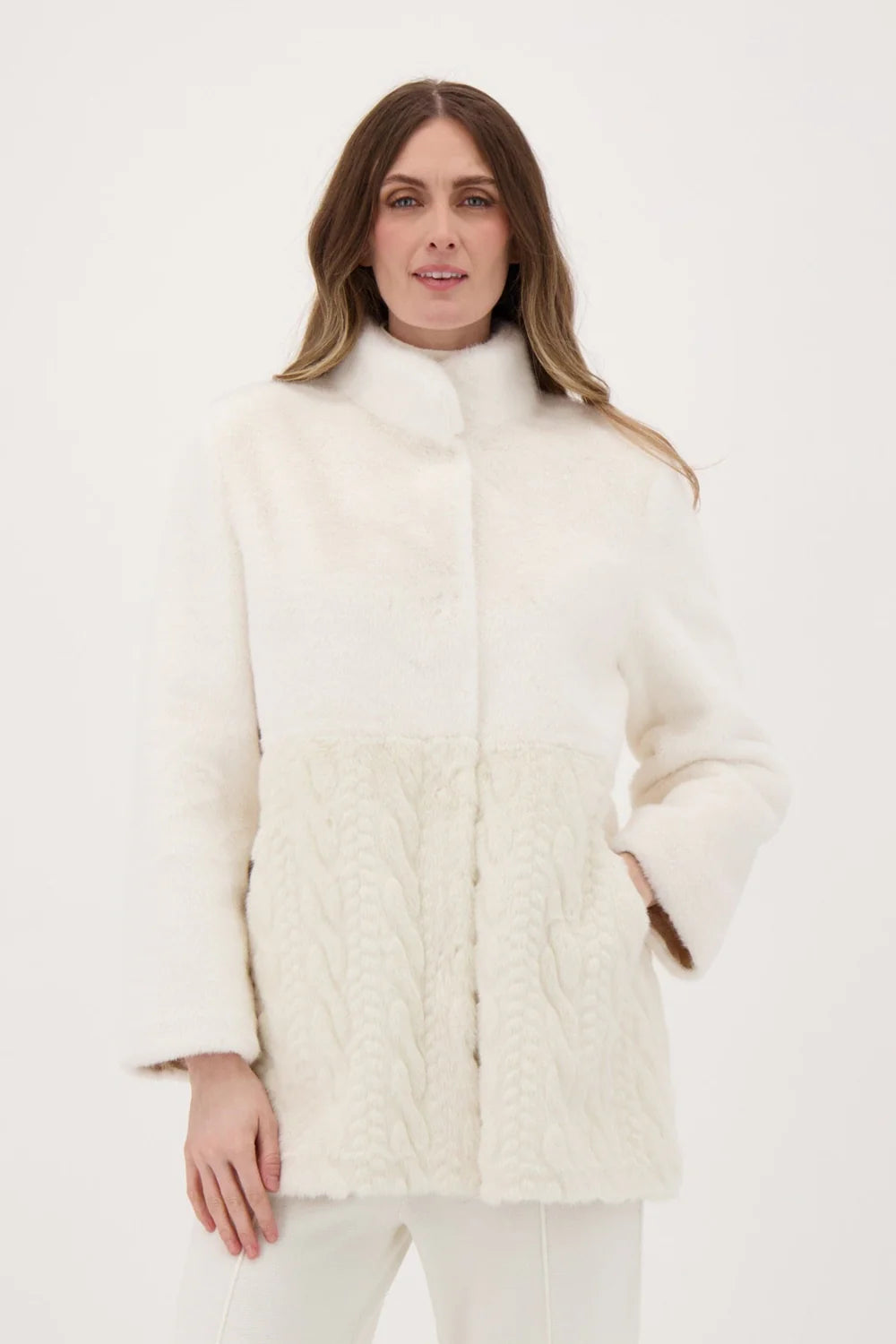 Spanner Limited Faux Fur Cableknit Coat - Ivory