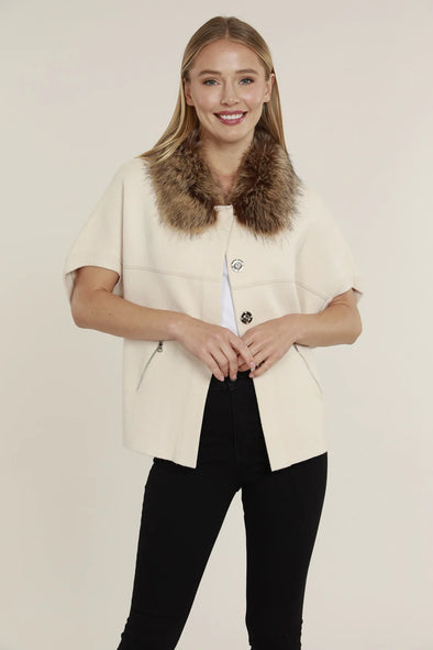 Dolce Cabo Faux Fur Collar Short Sleeve Cardigan - Camel/Chestnut