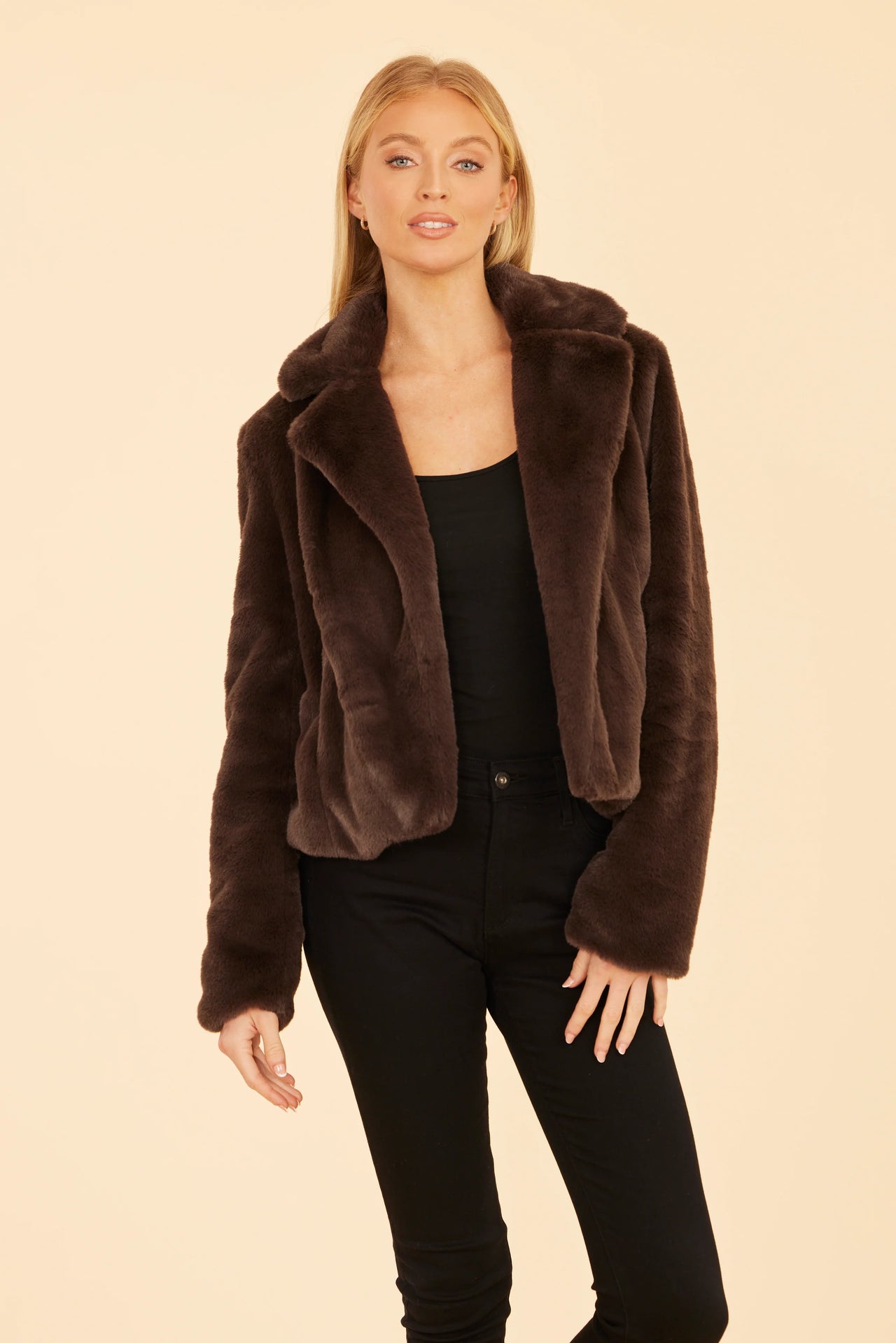 Dolce Cabo Plush Faux Fur Notch Collar Jacket - Dark Brown