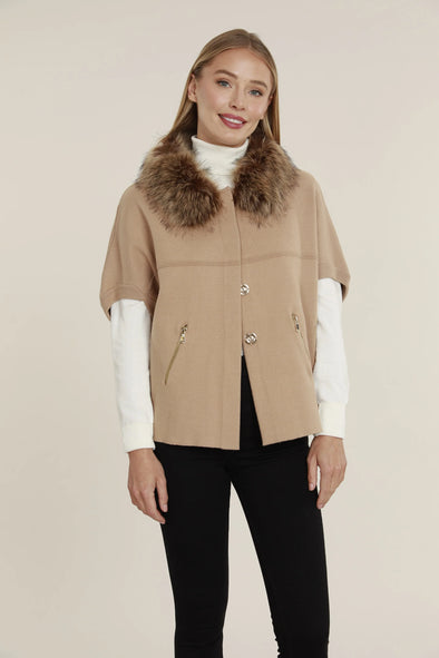 Dolce Cabo Faux Fur Collar Short Sleeve Cardigan - Camel