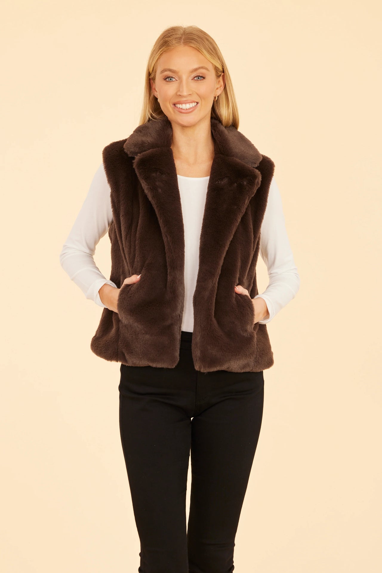 Dolce Cabo Faux Fur Notch Collar Vest - Dark Brown