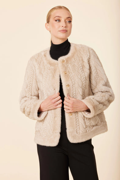 Dolce Cabo Faux Fur Cable Knit Jacket - Beige