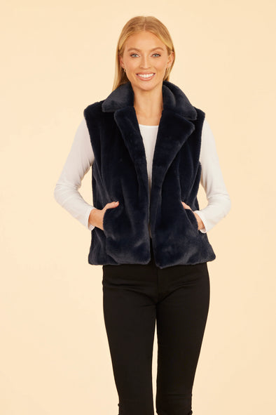 Dolce Cabo Plush Faux Fur Notch Collar Vest - Navy