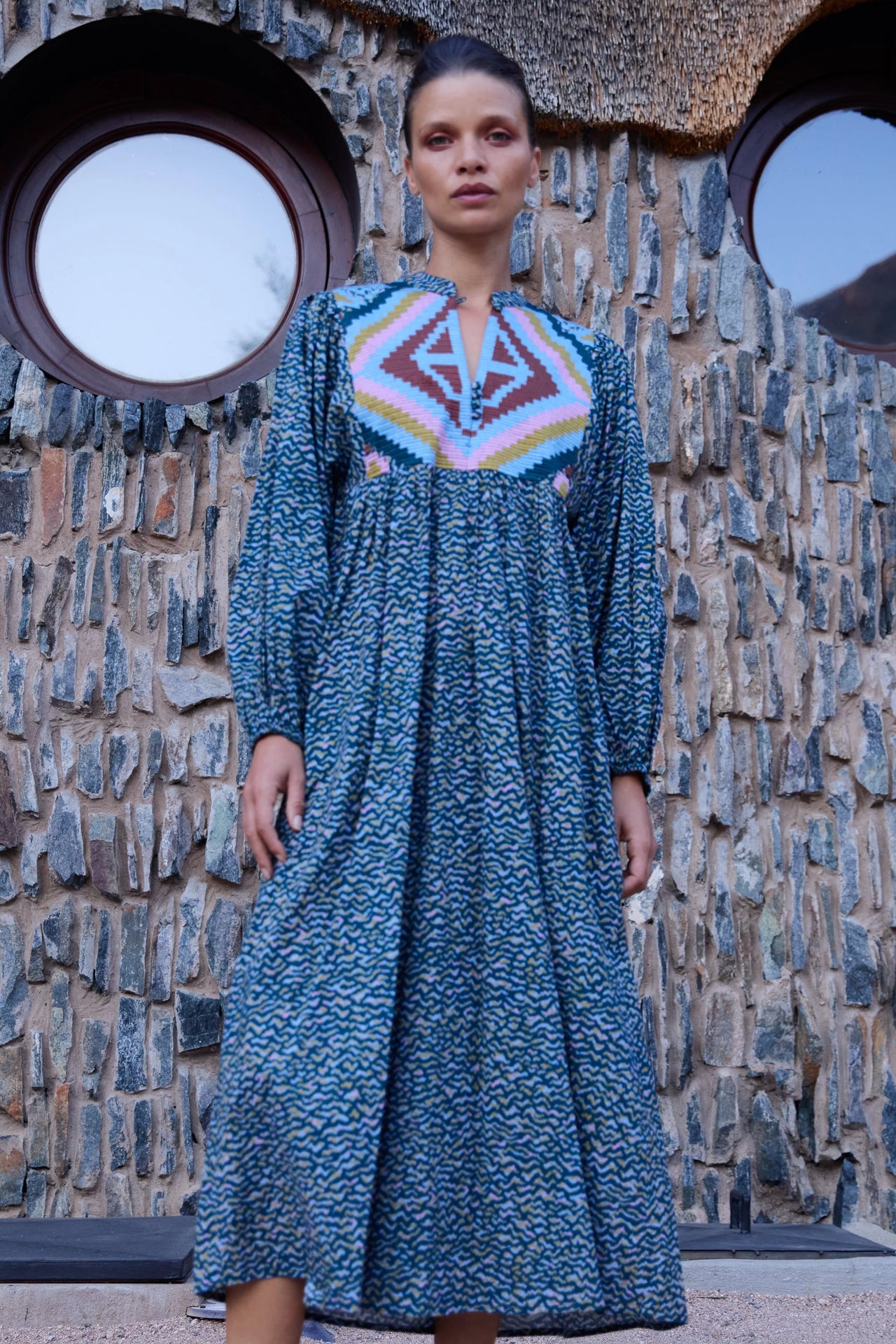 Oliphant Mandarin Balloon Sleeve Midi - Jag Navy