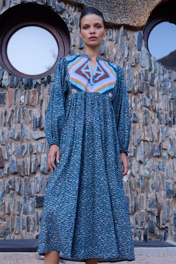 Oliphant Mandarin Balloon Sleeve Midi - Jag Navy