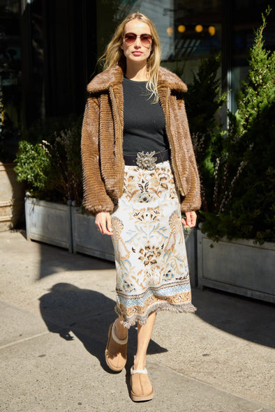 Patty Kim Camille Knit Fringe Skirt - Ecru Jacquard