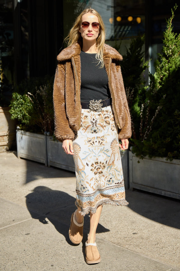 Patty Kim Camille Knit Fringe Skirt - Ecru Jacquard