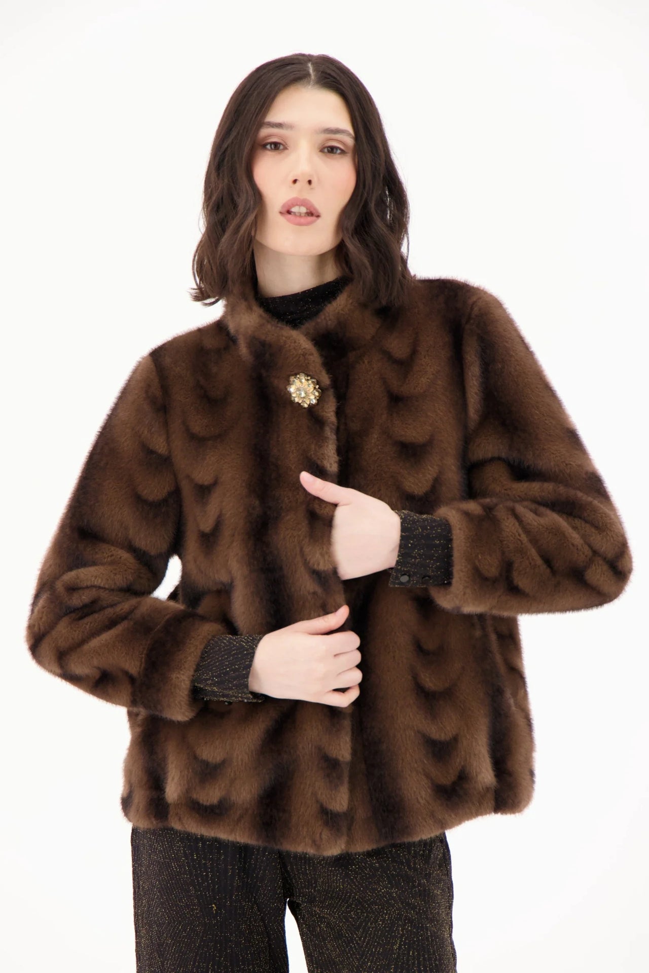 Spanner Limited Scalloped Faux Fur Mock Neck Jacket - Chocolate