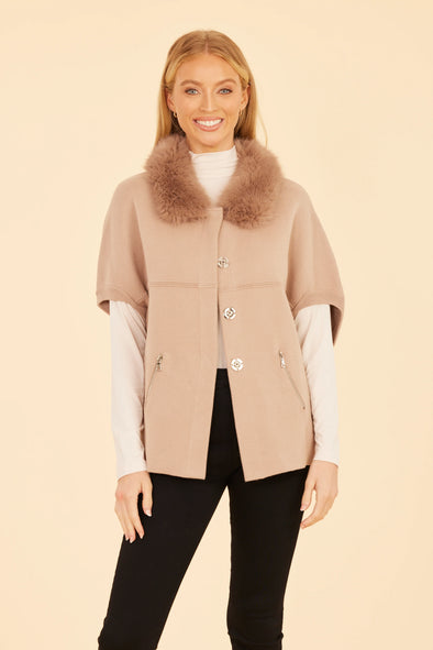 Dolce Cabo Faux Fur Collar Short Sleeve Cardigan - Wheat