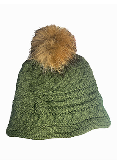 Cable Knit Pom Pom Hat - Army Green
