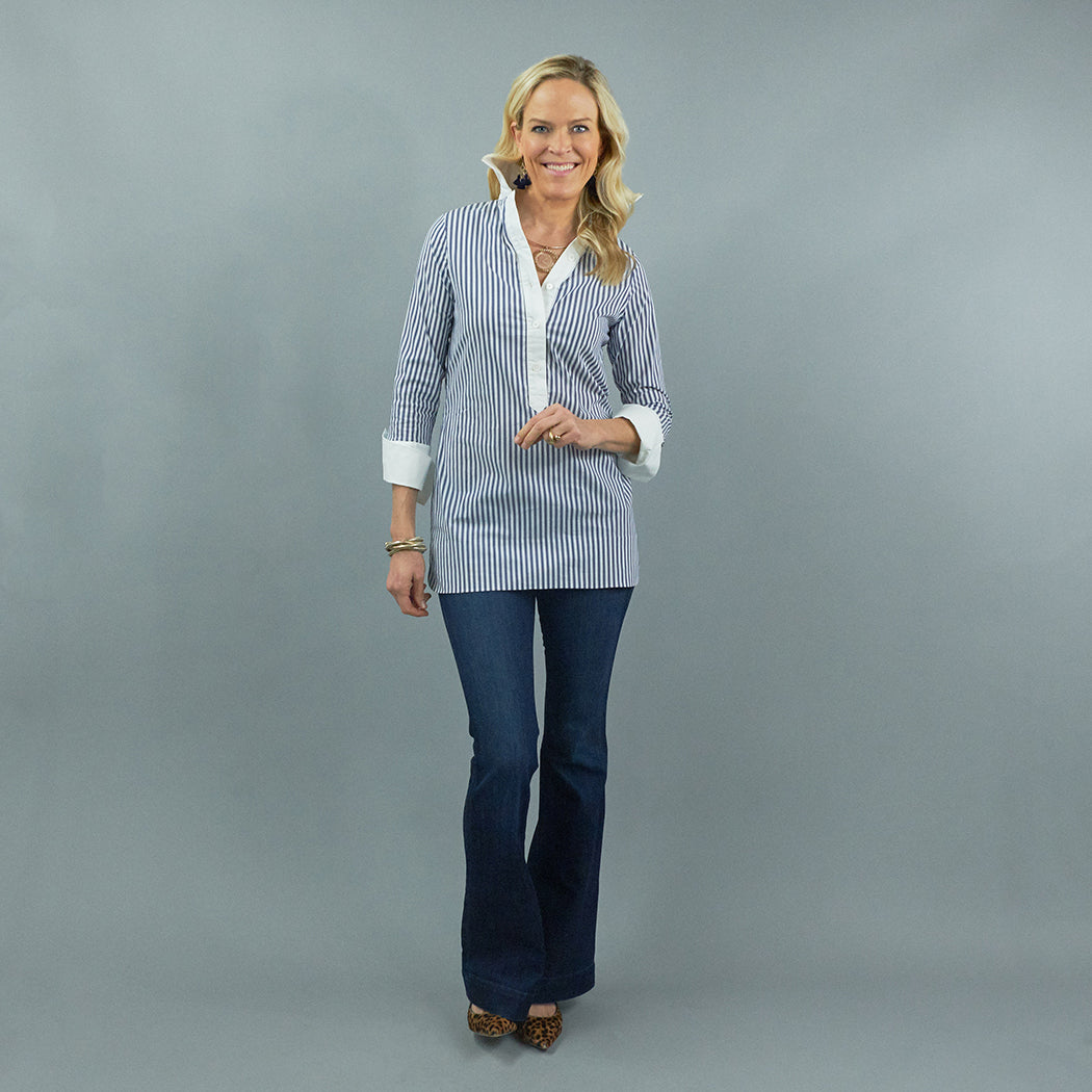Ivy Tunic - Navy Stripe/White Placket