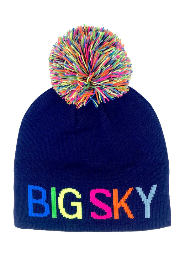 Pom Pom Hat - Rainbow Big Sky on Navy Blue