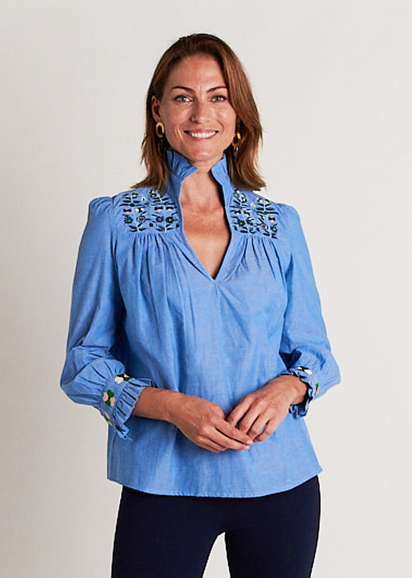 Aspen Blouse - Embroidered Chambray