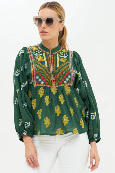 Oliphant Mandarin Balloon Top - Green Lucknow